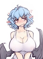 Rule 34 | 1girl, aged up, alternate breast size, anger vein, bare shoulders, bat wings, blue hair, blush, breasts, cleavage, commentary, covered erect nipples, english commentary, fangs, hater (hatater), large breasts, looking to the side, no bra, no headwear, no nose, nose blush, open mouth, pointy ears, red eyes, remilia scarlet, shirt, short hair, simple background, solo, tank top, touhou, upper body, v arms, white background, white shirt, wings
