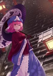 Rule 34 | 1girl, absurdres, blue hat, blue kimono, blurry, blurry foreground, commentary request, depth of field, dutch angle, expressionless, furisode, gloves, hair between eyes, hat, highres, holding, holding umbrella, japanese clothes, kanpa (campagne 9), kimono, lantern, looking at viewer, mob cap, oil-paper umbrella, outdoors, pink eyes, pink hair, purple gloves, saigyouji yuyuko, shawl, short hair, snowing, solo, stairs, touhou, triangular headpiece, umbrella, wooden lantern