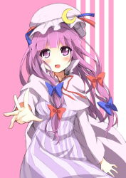 Rule 34 | 1girl, :d, bad id, bad pixiv id, blush, capelet, crescent, dress, female focus, hat, highres, long hair, open mouth, oruto (ort+), oruton, patchouli knowledge, purple eyes, purple hair, smile, solo, striped clothes, striped dress, touhou, vertical stripes