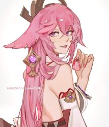 Rule 34 | 1girl, animal ears, back, bare back, bare shoulders, commentary, crossed bangs, detached sleeves, earrings, fox ears, from behind, genshin impact, hand up, headpiece, holding, jewelry, lanhacy, long hair, looking back, nail polish, parted lips, patreon username, pink hair, pink nails, purple eyes, simple background, smile, solo, upper body, vision (genshin impact), white background, yae miko