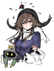 Rule 34 | 1girl, arknights, black gloves, blue shirt, blush, breasts, brown hair, closed mouth, cropped torso, flower, flower on head, gloves, green eyes, hair between eyes, highres, holding, horns, jacket, long hair, long sleeves, looking at viewer, mabing, metal crab (arknights), open clothes, open jacket, pallas (arknights), puffy long sleeves, puffy sleeves, red flower, red rose, rose, shirt, short sleeves, simple background, sketch, small breasts, upper body, white background, white jacket, yellow flower