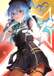 Rule 34 | 1girl, black dress, black headwear, blue eyes, blue hair, clenched teeth, commentary, cowboy shot, dress, eyelashes, foreshortening, frilled sleeves, frills, green ribbon, hand up, highres, holding, hololive, hoshimachi suisei, hoshimachi suisei (streetwear), leaning to the side, long hair, looking at viewer, nail polish, official alternate costume, orange background, orange pantyhose, pantyhose, parted lips, pink nails, pointing, pointing at viewer, ribbon, shadow, short sleeves, side ponytail, sidelocks, solo, star (symbol), star in eye, symbol-only commentary, symbol in eye, teeth, virtual youtuber, yami ara