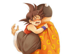 Rule 34 | 2boys, blurry, brown hair, carrying, child, closed eyes, clothes grab, crying, depth of field, dragon ball, grandpa gohan, hat, highres, male focus, mine1225, multiple boys, simple background, son goku, tears, wristband