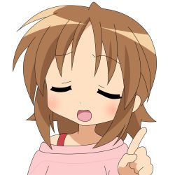 Rule 34 | 00s, 1girl, blush, brown hair, closed eyes, collarbone, hiiragi matsuri, index finger raised, lucky star, short hair, simple background, solo, sweater, vector trace, white background