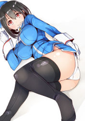 Rule 34 | 10s, 1girl, ass, black hair, black thighhighs, breasts, female focus, gaichi, gloves, hair between eyes, hand on own ass, impossible clothes, kantai collection, large breasts, looking at viewer, lying, military, military uniform, on side, panties, pantyshot, red eyes, short hair, simple background, smile, solo, takao (kancolle), thighhighs, thighs, underwear, uniform, white background, white gloves, white panties