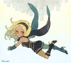 Rule 34 | 1girl, artist name, asatori (ekisuzikara), black footwear, black headband, black scarf, blonde hair, blush, bodysuit, breasts, cityscape, commentary request, dark skin, detached sleeves, flying, from behind, gold trim, gradient background, gravity daze, headband, high heels, kitten (gravity daze), long hair, looking at viewer, open mouth, red eyes, scarf, small breasts, smile, solo, teeth, tongue, upper teeth only, upside-down