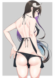 Rule 34 | 1girl, apron, ass, back, bare back, bare shoulders, black apron, black hair, black panties, black ribbon, blush, border, breasts, closed mouth, covered erect nipples, grey background, highres, horns, long hair, medium breasts, multicolored hair, nearly naked apron, nori gorou, original, outside border, panties, pink hair, profile, purple hair, ribbon, sideboob, simple background, smile, solo, standing, straight hair, thighs, two-tone hair, underwear, very long hair, white border
