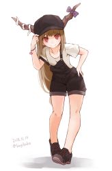 Rule 34 | 1girl, alternate costume, artist name, black footwear, black hat, black overalls, blue bow, bow, bracelet, cabbie hat, collarbone, commentary request, contemporary, dated, full body, hand on headwear, hand on own hip, hand up, hat, highres, horn bow, horn ornament, horns, ibuki suika, jewelry, kagikake, leaning forward, light brown hair, long hair, looking at viewer, oni, overall shorts, overalls, red eyes, shirt, shoes, short sleeves, simple background, smile, sneakers, solo, standing, touhou, twitter username, very long hair, white background, white shirt