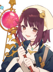 Rule 34 | 1girl, atelier (series), atelier sophie, blue coat, blush, breasts, brown eyes, cleavage, coat, collared coat, head scarf, highres, holding, holding staff, jewelry, long sleeves, looking at viewer, necklace, noco (adamas), open mouth, red hair, short hair, signature, smile, solo, sophie neuenmuller, staff, upper body, white background
