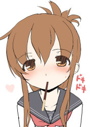 Rule 34 | 10s, 1girl, bad id, bad pixiv id, blush, brown eyes, brown hair, feeding, folded ponytail, food, hair ornament, heartbeat, inazuma (kancolle), jiji (aardvark), kantai collection, long hair, looking at viewer, mouth hold, personification, pocky, pocky kiss, pov feeding, school uniform, serafuku, shared food, sharing food, solo, translated, upper body