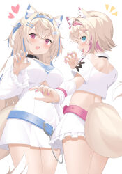 Rule 34 | 2girls, absurdres, animal ear fluff, animal ears, bandaid, bandaid hair ornament, belt, belt collar, black collar, blonde hair, blue belt, blue eyes, blue hair, blue nails, blush, breasts, cleavage, collar, cropped shirt, dog ears, dog girl, dog tail, fang, frilled shorts, frills, fuwawa abyssgard, fuwawa abyssgard (1st costume), hair ornament, hairpin, headphones, headphones around neck, heart, highres, hololive, hololive english, looking at viewer, mococo abyssgard, mococo abyssgard (1st costume), multicolored hair, multiple girls, nail polish, open mouth, pink belt, pink eyes, pink hair, pink nails, shirt, short shorts, shorts, siblings, sisters, skin fang, smile, spiked collar, spikes, streaked hair, tail, teeth, toui penko, twins, two side up, upper teeth only, virtual youtuber, white arm warmers, white background, white shirt, white shorts, x hair ornament