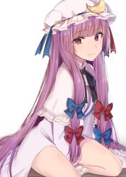 Rule 34 | 1girl, asa (coco), blue bow, blue ribbon, blunt bangs, blush, bow, capelet, crescent, dress, frilled sleeves, frills, from side, hair bow, hat, hat ribbon, long hair, long sleeves, looking at viewer, looking to the side, mob cap, patchouli knowledge, purple eyes, purple hair, red bow, red ribbon, ribbon, sidelocks, simple background, sitting, smile, solo, touhou, very long hair, white dress