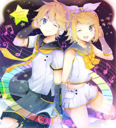 Rule 34 | 1boy, 1girl, ;), ;d, black legwear, black shorts, blonde hair, blue eyes, bow, bowtie, brother and sister, character name, dated, detached sleeves, hair ornament, hair ribbon, hairclip, hand in own hair, headphones, hetero, holding hands, kagamine len, kagamine rin, midriff, modoromi, musical note, nail polish, navel, necktie, one eye closed, open mouth, ribbon, shirt, short hair, short shorts, short sleeves, shorts, siblings, sleeveless, sleeveless shirt, smile, star (symbol), stomach, vocaloid, white ribbon, white shirt, white shorts, yellow bow, yellow bowtie, yellow nails, yellow necktie