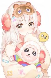 Rule 34 | absurdres, animal crossing, arrow through heart, bandaid, bare shoulders, blonde hair, blush, closed mouth, dom (animal crossing), emoji, eye mask, hair between eyes, hand to own mouth, highres, horns, long sleeves, nintendo, personification, pleading face emoji, sheep, sheep horns, simple background, sleeves past fingers, sleeves past wrists, tears, upper body, white background, yellow eyes, yuna (deadawon)