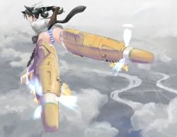Rule 34 | 1girl, animal ears, ass, bridge, cat ears, cat tail, cloud, exhaust, fire, flying sweatdrops, francesca lucchini, gun, karappa, looking at viewer, looking back, machine gun, panties, river, solo, strike witches, striker unit, striped clothes, striped panties, tail, thighs, underwear, weapon, weapon request, world witches series