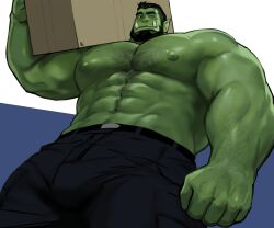Rule 34 | 1boy, abs, bara, beard, box, bulge, cardboard box, cargo pants, carrying over shoulder, colored skin, cowboy shot, delivery, dopey (dopq), expressionless, facial hair, from below, full beard, green skin, highres, holding, holding box, huge pectorals, looking at viewer, male focus, mature male, monster boy, muscular, muscular male, navel, nipples, one eye closed, orc, original, package, paid reward available, pants, pointy ears, seductive smile, short hair, smile, solo, sparse arm hair, sparse chest hair, sparse navel hair, strongman waist, thick beard, thick eyebrows, thick thighs, thighs, topless male