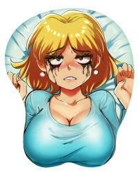 Rule 34 | 1girl, blonde hair, blush, breast mousepad, breasts, cleavage, clenched teeth, collarbone, earrings, frown, highres, jcm2, jewelry, large breasts, lori loud, makeup, mousepad, mousepad (medium), runny makeup, solo, teeth, the loud house, yellow eyes
