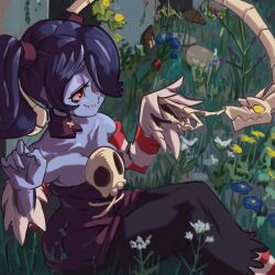 Rule 34 | 1girl, breasts, flower, grass, grave, highres, medium breasts, moxydraws, red eyes, rock, skeleton, skullgirls, smile, solo, squigly (skullgirls), tombstone, zombie
