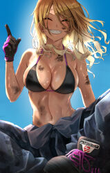Rule 34 | 1girl, ^ ^, absurdres, backlighting, bare shoulders, bikini, bikini top only, black bikini, black gloves, blonde hair, blue sky, breasts, cleavage, closed eyes, daiko (dai1974910), day, dirty, floating hair, gloves, grin, hand up, highres, idolmaster, idolmaster shiny colors, index finger raised, izumi mei, large breasts, linea alba, long hair, navel, outdoors, pants, parted bangs, shoes, sitting, sky, smile, sneakers, solo, spread legs, sunlight, sweat, swimsuit, two-tone gloves