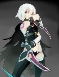 Rule 34 | 1girl, armpits, bandaged arm, bandages, bare shoulders, black panties, black thighhighs, breasts, cape, erimiko, fate/apocrypha, fate/grand order, fate (series), green eyes, grey hair, highres, jack the ripper (fate/apocrypha), knife, navel, panties, scar, short hair, shoulder tattoo, small breasts, solo, tattoo, thighhighs, underwear, weapon