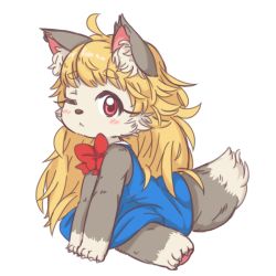Rule 34 | 1girl, :&lt;, ahoge, akuma gaoru, animal ear fluff, animal ears, animal nose, beige fur, blonde hair, blue dress, blush, body fur, bow, claws, commentary request, dress, furry, furry female, futaba channel, grey fur, long hair, looking at viewer, one eye closed, partial commentary, pawpads, red bow, red eyes, simple background, sitting, solo, tail, two-tone fur, uzumi, white background