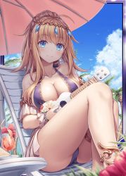 Rule 34 | 1girl, ahoge, akkijin, anklet, bare shoulders, bikini, blonde hair, blue eyes, blush, bracelet, breasts, chair, circlet, cleavage, collarbone, cup, detached sleeves, gem, holding, holding instrument, instrument, jewelry, large breasts, long hair, official art, outdoors, ponytail, scheherazade (shinkai no valkyrie), shinkai no valkyrie, sidelocks, sitting, smile, solo, swimsuit, thighs, umbrella