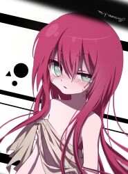 Rule 34 | 1girl, blush, bright pupils, commentary request, flat chest, green eyes, hair between eyes, highres, long hair, looking at viewer, nomura kitan, original, parted lips, rags, red hair, solo, sweat, two-tone background, upper body, white pupils