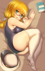 Rule 34 | 10s, 1girl, ass, blonde hair, blue eyes, book, breasts, glasses, haku hakujou daimaou, hat, unworn hat, unworn headwear, highres, huge ass, i-8 (kancolle), kantai collection, large breasts, looking at viewer, low twintails, lying, on bed, on side, open mouth, peaked cap, plump, red-framed eyewear, school swimsuit, semi-rimless eyewear, solo, swimsuit, thick thighs, thighhighs, thighs, twintails, white thighhighs