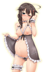 Rule 34 | 10s, 1girl, ;), ahoge, babydoll, babydoll lift, bare shoulders, black panties, blue eyes, blush, braid, breastless clothes, breasts, bridal garter, brown hair, cameltoe, choker, clothes lift, collarbone, cowboy shot, frilled choker, frills, glint, gradient background, hair between eyes, hair flaps, hair ornament, hair over shoulder, hairpin, head tilt, highres, jewelry, kantai collection, lifted by self, long hair, looking at viewer, medium breasts, navel, nippleless clothes, nipples, one eye closed, panties, pregnant, ring, see-through, shigure (kancolle), shigure kai ni (kancolle), single braid, smile, solo, standing, stomach, underwear, underwear only, wedding band, white background, wrist cuffs, yoshi tama