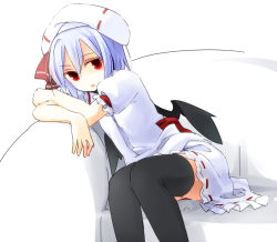 Rule 34 | black thighhighs, blue hair, couch, curiosities of lotus asia, dress, feet out of frame, hat, hat ribbon, kazeharu, leaning to the side, looking at viewer, red eyes, red ribbon, remilia scarlet, ribbon, short hair, short sleeves, sitting, thighhighs, touhou, white background, white dress, white hat, wings