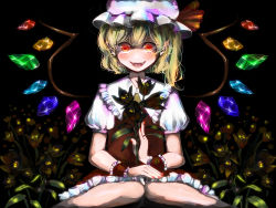 Rule 34 | 1girl, ascot, blonde hair, bow, dark, fang, flandre scarlet, flower, hat, hat bow, lily (flower), mob cap, red eyes, sash, simple background, sitting, solo, touhou, umi (umi02), wings, wrist cuffs