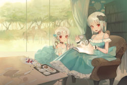 Rule 34 | 2girls, absurdres, albino, aqua bow, aqua dress, armchair, bob cut, book, bookshelf, bow, breasts, chair, choker, cleavage, collarbone, commentary, crossed legs, cup, day, doll joints, dress, flat chest, food, fruit, gear hair ornament, hair bow, highres, indoors, joints, large breasts, looking at viewer, medium hair, multiple girls, open mouth, original, pale skin, pastry, red eyes, saucer, short hair, sidelocks, silver hair, sitting, smile, strawberry, symbol-only commentary, teacup, teapot, twintails, whipped cream, window, wrist cuffs, yin (azse2432)