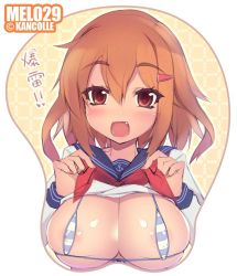 Rule 34 | 10s, 1girl, alternate breast size, areola slip, bikini, bikini top only, blush, breast mousepad, breasts, brown eyes, brown hair, fang, hair ornament, hairclip, ikazuchi (kancolle), kantai collection, large breasts, mel/a, micro bikini, micro bikini top, mousepad, mousepad (medium), open mouth, sailor collar, skindentation, solo, striped bikini, striped clothes, swimsuit