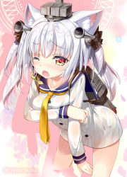 Rule 34 | 1girl, ;o, animal ears, ass, azur lane, between legs, black bow, blue sailor collar, blush, bow, breasts, buttons, cat ears, collarbone, commentary request, cosplay, cowboy shot, dress, eyebrows, eyelashes, fang, fujima takuya, furrowed brow, hair between eyes, hair bow, hair ornament, hair ribbon, hand between legs, historical name connection, kantai collection, leaning forward, legs apart, long hair, long sleeves, medium breasts, name connection, neckerchief, necktie, nose blush, one eye closed, open mouth, red eyes, ribbon, sailor collar, sailor dress, see-through, short dress, silhouette, silver hair, solo, speaking tube headset, standing, tears, twintails, twitter username, wet, white dress, yellow necktie, yellow pupils, yukikaze (azur lane), yukikaze (kancolle), yukikaze (kancolle) (cosplay)