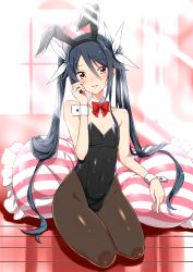 Rule 34 | 1girl, animal ears, black hair, black leotard, blurry, blurry background, blush, bow, bowtie, breasts, bunny day, commentary request, detached collar, fake animal ears, hair between eyes, hair bow, hand on own cheek, hand on own face, highres, indoors, leotard, light rays, long hair, looking at viewer, navel, open mouth, ore twintail ni narimasu, pantyhose, pillow, playboy bunny, rabbit ears, rabbit girl, red bow, red bowtie, red eyes, seiza, sidelocks, sitting, small breasts, solo, swept bangs, tsube aika, twintails, very long hair, wrist cuffs, yuto (dialique)