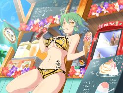 Rule 34 | 1girl, bikini, breasts, cleavage, food, green hair, hikage (senran kagura), holding, holding food, ice cream, large breasts, looking at viewer, navel, senran kagura, senran kagura new link, slit pupils, soda bottle, solo, standing, swimsuit, tongue, tongue out, yellow eyes