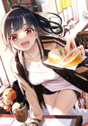 Rule 34 | 1girl, :d, arm support, bag charm, black shorts, blue hair, breasts, brown eyes, cafe, chair, charm (object), cleavage, collarbone, cup, dark blue hair, drinking glass, drinking straw, food, green ribbon, hair ribbon, high ponytail, highres, incoming food, indoors, jacket, large breasts, looking at viewer, medium hair, megami no kafeterasu, multicolored clothes, multicolored jacket, official art, open mouth, reaching, reaching towards viewer, ribbon, sandwich, seo kouji, shirt, shorts, smile, solo, standing, table, teeth, tsuruga ami, two-tone jacket, upper teeth only, white shirt