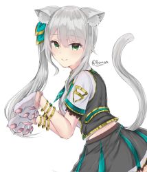 Rule 34 | 1girl, animal ear fluff, animal ears, animal hands, black skirt, black vest, bracelet, cat ears, cat paws, cat tail, closed mouth, collared shirt, gloves, green eyes, hair between eyes, hair ornament, highres, hizuki miu, jewelry, long hair, looking at viewer, multicolored clothes, multicolored skirt, necktie, paw gloves, paw pose, romaneiyou, shirt, side ponytail, signature, simple background, skirt, smile, solo, tail, triangle print, vest, virtual youtuber, wactor production, white background, white hair, white shirt, wing collar