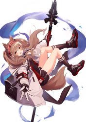 Rule 34 | 1girl, :d, absurdres, angelina (arknights), animal ears, arknights, black footwear, black gloves, black shirt, black shorts, black socks, blush, breasts, brown eyes, brown hair, commentary, full body, gloves, hairband, highres, hitodama, holding, holding polearm, holding spear, holding weapon, jacket, long hair, long sleeves, looking at viewer, looking to the side, mizu (lzzrwi603), open clothes, open jacket, open mouth, outstretched arm, polearm, puffy long sleeves, puffy sleeves, red hairband, shirt, shoes, short shorts, shorts, sleeves past wrists, small breasts, smile, socks, solo, spear, striped clothes, striped hairband, tail, twintails, weapon, white background, white jacket