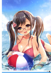 Rule 34 | 1girl, :d, absurdres, artist name, ass, ball, bare legs, bare shoulders, barefoot, beachball, bikini, blue-framed eyewear, blue sky, blush, grabbing another&#039;s breast, breasts, brown hair, cleavage, cloud, cloudy sky, collarbone, day, dengeki moeou, fingernails, flower, flower request, framed image, fummy, glasses, grabbing, hair flower, hair ornament, hairclip, hand on floor, highres, holding, holding ball, large breasts, legs up, looking at viewer, lying, official art, on floor, on stomach, open mouth, original, outdoors, page number, pink flower, red bikini, round teeth, scan, shallow water, side-tie bikini bottom, skindentation, sky, smile, solo, sparkle, swimsuit, teeth, tongue, twintails, uneven twintails, water, wet, x hair ornament, yellow eyes