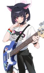 Rule 34 | 1girl, animal ears, ao (aokisora ao), bass guitar, black choker, black hair, black jacket, black mask, blue archive, blush, cat ears, cat girl, choker, clothes around waist, commentary request, earrings, electric guitar, extra ears, guitar, halo, highres, instrument, jacket, jacket around waist, jewelry, kazusa (band) (blue archive), kazusa (blue archive), looking at viewer, mask, mask lift, mouth mask, multiple bracelets, multiple rings, music, official alternate costume, one eye closed, open mouth, pink eyes, pink hair, pink halo, playing instrument, print shirt, ring, shirt, short hair, simple background, skirt, solo, stud earrings, sweat, upper body, white background, white shirt, white skirt