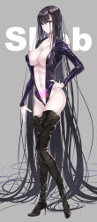 Rule 34 | 1girl, absurdly long hair, alternate costume, arm at side, black footwear, black thighhighs, boots, breasts, eyes visible through hair, fate/grand order, fate (series), full body, glowing tattoo, grey background, hair over shoulder, hand on own hip, heart, heart tattoo, high heel boots, high heels, highleg, highleg leotard, highres, large breasts, leotard, long hair, looking at viewer, murasaki shikibu (fate), navel, pubic tattoo, purple eyes, sasakuma kyouta, sideboob, solo, standing, tattoo, thigh boots, thighhighs, thighs, very long hair