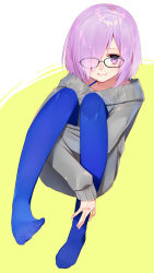 Rule 34 | 1girl, alternate costume, ayamori mimi, blue pantyhose, dress, fate/grand order, fate (series), full body, glasses, grey sweater, hair over one eye, highres, hugging own legs, light purple hair, looking at viewer, mash kyrielight, pantyhose, purple eyes, short hair, sitting, smile, solo, sweater, sweater dress, yellow background