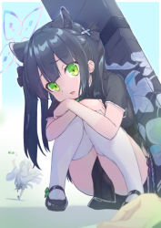 Rule 34 | aged down, animal ears, black hair, blue archive, commentary request, fleeing, green eyes, hair ornament, halo, looking at viewer, nakashige shunsuke, open mouth, saya (blue archive), shoes, shun (blue archive), shun (small) (blue archive), sitting, thighhighs, weapon case, white legwear
