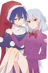 Rule 34 | 2girls, :3, absurdres, bare legs, blue eyes, blue hair, breasts, bright pupils, closed mouth, commentary request, doremy sweet, dress, feet out of frame, hand on another&#039;s shoulder, hat, highres, idaku, kishin sagume, long sleeves, multiple girls, nightcap, no jacket, pom pom (clothes), poncho, purple dress, red eyes, red headwear, short hair, silver hair, simple background, small breasts, touhou, upper body, white background, yuri