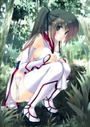 Rule 34 | 1girl, bare shoulders, blush, breasts, brown eyes, brown hair, day, dead or alive, elbow gloves, expressionless, forest, geta, gloves, grass, hair ribbon, iizuki tasuku, kasumi (doa), large breasts, long hair, looking at viewer, nature, outdoors, pelvic curtain, ponytail, ribbon, sash, sideboob, solo, squatting, tecmo, thighhighs, white gloves, white thighhighs