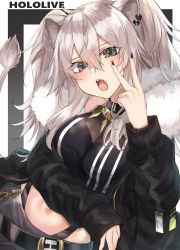 Rule 34 | 1girl, absurdres, ahoge, animal ears, bare shoulders, belt, black jacket, blush, breasts, cleavage, closed mouth, copyright name, earrings, expressionless, fur-trimmed jacket, fur trim, grey eyes, grey hair, hair between eyes, highres, hololive, jacket, jewelry, kanniiepan, large breasts, lion ears, lion tail, long hair, looking at viewer, midriff, nail polish, navel, necklace, off-shoulder jacket, off shoulder, see-through, see-through cleavage, shishiro botan, shishiro botan (1st costume), solo, tail, transparent background, upper body, v, virtual youtuber