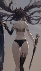 Rule 34 | 1girl, absurdres, armlet, ass, back, black hair, black panties, black ribbon, black thighhighs, bridal gauntlets, cotta (heleif), crown, fate/grand order, fate (series), floating hair, from behind, hair ribbon, highres, holding, holding weapon, ishtar (fate), long hair, panties, ribbon, single bridal gauntlet, single thighhigh, solo, standing, thigh gap, thighhighs, two side up, underwear, weapon
