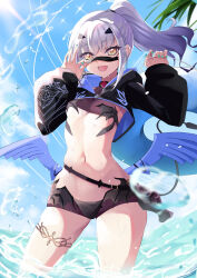 Rule 34 | 1girl, absurdres, bikini, black bikini, breasts, cropped jacket, dragon wings, fate/grand order, fate (series), fish bottle, forked eyebrows, high ponytail, highres, hooded shrug, jiejeat, long hair, long sleeves, looking at viewer, mask, mask pull, melusine (fate), melusine (swimsuit ruler) (fate), melusine (swimsuit ruler) (first ascension) (fate), mouth mask, navel, removing mask, shrug (clothing), sidelocks, small breasts, smile, solo, stomach, swimsuit, tail, thighlet, thighs, white hair, wings, yellow eyes