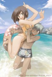 Rule 34 | 1boy, 1girl, :d, barefoot, breasts, casual one-piece swimsuit, couple, floral print, grabbing, grabbing another&#039;s breast, hetero, highres, innertube, kitajima, one-piece swimsuit, open mouth, smile, swim ring, swimsuit